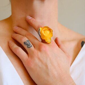 Baltic Amber Ring - Hand-Carved Rose Ring in Sterling Silver